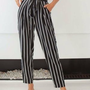 Striped Print Slant Belted Pants